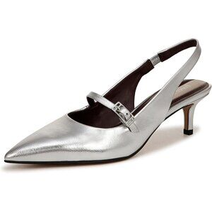 🆕Franco Sarto Women Silver Metallic Khloe Pointed Slingback Kitten Heel Pump